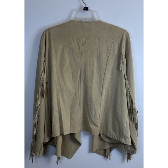 COLLEEN LOPEZ Faux Suede Fringe Open Jacket 1X Drape 3/4 Sleeve Tan Western - Picture 4 of 10